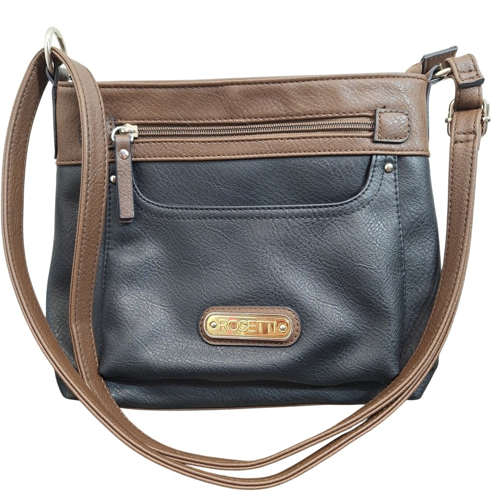 Rosetti Crossbody Bag Black Brown Faux Leather Multi Pocket Gold Tone Purse